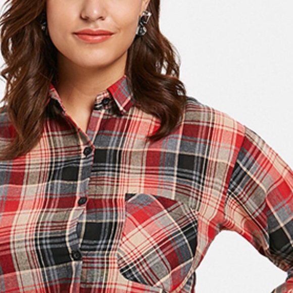 ♠ Red Plus Size Longline Red Plaid Shirt ♠ - Picture 6 of 8